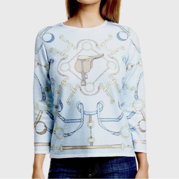 . MCLAUGHLIN ☆ Corali Sequin Sweater Top ☆ Blue Equestrian Pattern - Picture 1 of 5